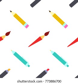 Bright seamless pattern with tools for the artist.  Brushes, pencils, pens, markers, nibs, palette knuckles - everything for creativity. 