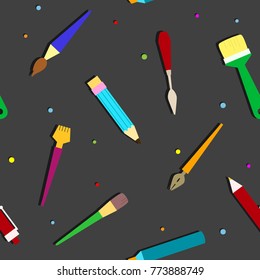 Bright seamless pattern with tools for the artist.  Brushes, pencils, pens, markers, nibs, palette knuckles - everything for creativity. 