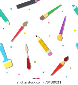 Bright seamless pattern with tools for the artist.  Brushes, pencils, pens, markers, nibs, palette knuckles - everything for creativity. 