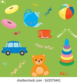 Bright seamless pattern with toys and text