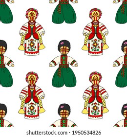 Bright seamless pattern with traditional rag dolls on a white background. Ukrainian national amulet. Vector drawing.