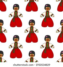 Helles, nahtloses Muster mit traditionellen Puppen aus Leinen auf weißem Hintergrund. Ukrainischer Nationalamulet.