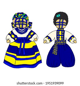 Bright seamless pattern with traditional rag dolls on a white background. Ukrainian national amulet. Vector drawing.