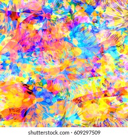 Bright seamless pattern from transparent colorful spots.Yellow, blue, purple, red colors.