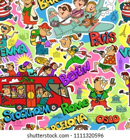 Bright seamless pattern. Travel around Europe. Funny tourists and the names of capitals.