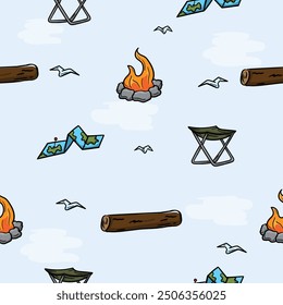 Bright seamless pattern with travel attributes, bonfire, folding stool, map and log. Simple vector background with repeating elements. Illustration related to, camping, hiking, vacation, travel