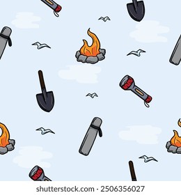 Bright seamless pattern with travel attributes, campfire, thermos, shovel and flashlight. Simple vector background with repeating elements. Illustration related to, camping, hiking, vacation, travel