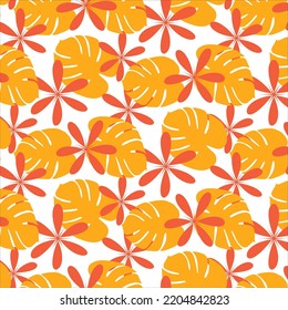 Bright seamless pattern in trendy autumn shades with hand drawn elements on a transparent background