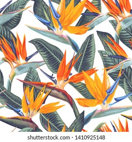 Bright seamless pattern with tropical flowers and leaves of Strelitzia Reginae.  Realistic style, hand drawn, vector. Background for prints, fabric, invitation cards, wedding decoration, wallpapers.