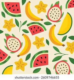 Bright seamless pattern with tropical fruits such as dragon fruit, watermelon, banana, and star fruit. Ideal for textile, wallpaper, kitchen decor, and summer design projects.