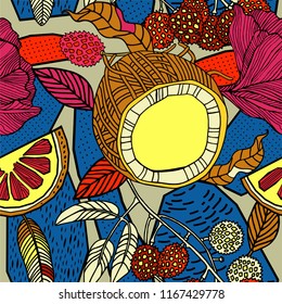 Bright seamless pattern of tropical leaves of palm trees, flowers and fruits.