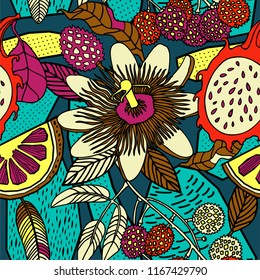 Bright seamless pattern of tropical leaves of palm trees, flowers and fruits.