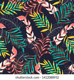 Diseño luminoso sin fisuras con hojas y plantas tropicales sobre fondo azul. Diseño de vectores. Impresión de selva. Textiles e impresión.