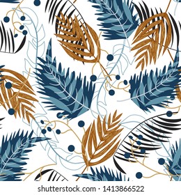 Bright seamless pattern with tropical leaves and plants on white background. Vector design. Jungle print. Textiles and printing.