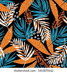 Bright seamless pattern with tropical leaves and plants on a dark background. Vector design. Jungle print. Textiles and printing. Floral background.