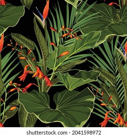 Patrón luminoso sin fisuras con flores y hojas de estrelitzia naranja tropical. Estilo realista, dibujado a mano. Fondo para impresiones, tela, tarjetas de invitación, decoración de bodas, fondos de pantalla. 