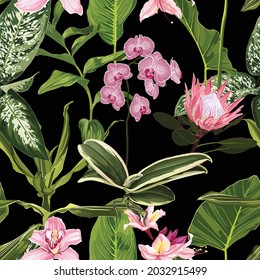 Bright seamless pattern with tropical pink flowers and leaves. Realistic style, hand drawn. Background for prints, fabric, invitation cards, wedding decoration, wallpapers.