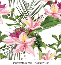 Bright seamless pattern with tropical pink flowers and leaves. Realistic style, hand drawn. Background for prints, fabric, invitation cards, wedding decoration, wallpapers.