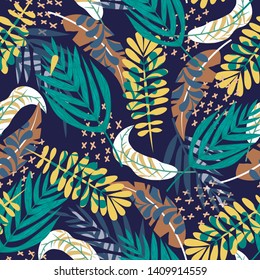 Bright seamless pattern with tropical plants and leaves on purple background. Vector design. Jungle print. Textiles and printing.