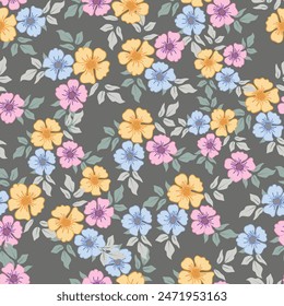 Bright seamless pattern with tropical plants and leaves on yellow background. Vector design. Jungle print. Textiles and printing. Floral background