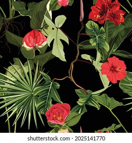 Bright seamless pattern with tropical red flowers and leaves. Realistic style, hand drawn. Background for prints, fabric, invitation cards, wedding decoration, wallpapers.