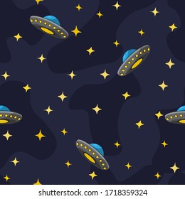 Helles, nahtloses Muster mit Ufos und Sternen. Weltraumthema.  Vektorgrafik-Cartoon.