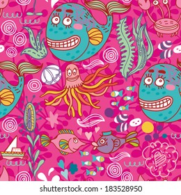 Bright seamless pattern with underwater live. The sea travel design.
