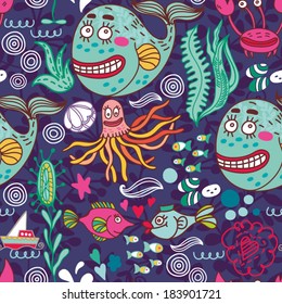 Bright seamless pattern with underwater live. The sea travel design.