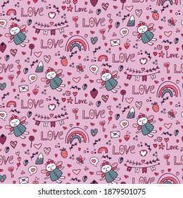 Bright seamless pattern for Valentine's Day. The colorful ornament is perfect for wrapping paper, postcard printing, or fabric.