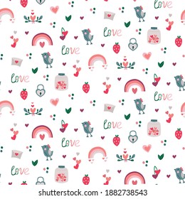 Bright seamless pattern for Valentine's Day. The colorful ornament is perfect for wrapping paper, postcard printing, or fabric.