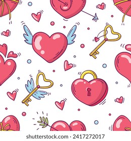 Patrón brillante sin fisuras con el día de San Valentín y objetos de amor con estilo de doodle sobre fondo blanco