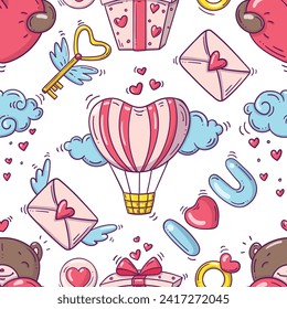 Bright seamless pattern with valentines day and love objects in doodle style on white background