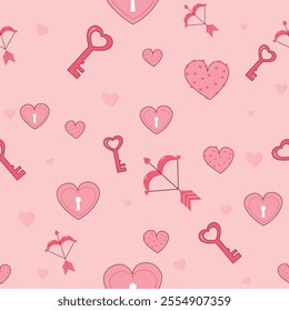 Bright seamless pattern with valentine's day and love objects in modern style on a pink background. modern vector illustration. 