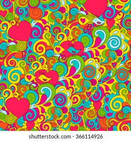 Bright seamless pattern for Valentine's day with hearts, birds and spirals.