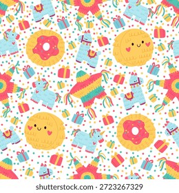 Padrão sem emenda piсatas brilhante. Vários brinquedos de carnaval com doces e confetes dentro para comemorar aniversários. Festa mexicana. Recipientes de papel. Formas de lama e donut. Caixas de presente. Plano de fundo do vetor