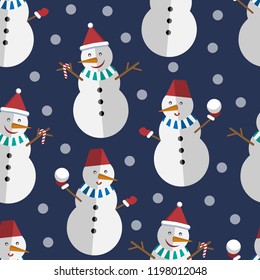 Bright seamless pattern. Vector cheerful snowman with snow.