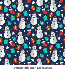 Bright seamless pattern. Vector cute snowman with gifts, christmas ball, sock and stars.