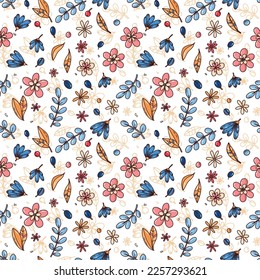 Bright seamless pattern with vector floral elements. cute flower vector illustration with colorful leaves. hand drawn flowers for poster printing or design
