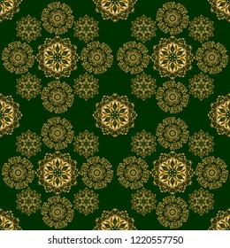 Bright seamless pattern with vector geometric ornament in Christmas traditional colors (golden on green). Colorful abstract background. Ornamental vivid wallpaper. Ethnic and tribal motifs.