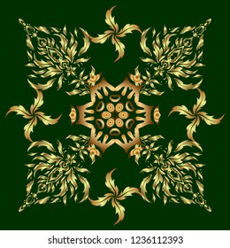 Bright seamless pattern with vector geometric ornament in Christmas traditional colors (golden on green). Ornamental vivid wallpaper. Ethnic and tribal motifs. Colorful abstract background.