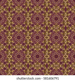 Bright seamless pattern with vector geometric ornament in Christmas traditional colors (golden on purple). Ethnic and tribal motifs. Ornamental vivid wallpaper. Colorful abstract background.