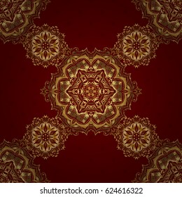 Bright seamless pattern with vector geometric ornament in Christmas traditional colors (golden on red). Colorful abstract background. Ethnic and tribal motifs. Ornamental vivid wallpaper.
