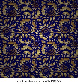 Bright seamless pattern with vector geometric ornament in Christmas traditional colors (golden on blue). Ethnic and tribal motifs. Ornamental vivid wallpaper. Colorful abstract background.