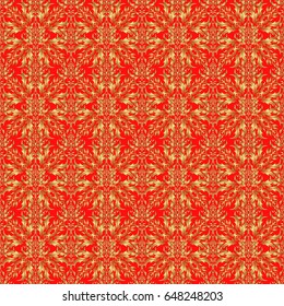 Bright seamless pattern with vector geometric ornament in Christmas traditional colors (golden on red). Ornamental vivid wallpaper. Colorful abstract background. Ethnic and tribal motifs.