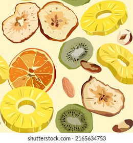 A bright seamless pattern. Vector illustration of sliced dried fruits and nuts.  Healthy food and vegan diet.  Mostly it can be used for packaging design and labels, as a background  for healthy  food