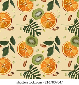 A bright  seamless pattern. Vector illustration of sliced dried fruits, nuts and seeds.  Healthy food and vegan diet. It can be used for packaging design and labels, as a background  for healthy  food