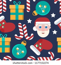 Bright seamless pattern. Vector Santa with gifts.
