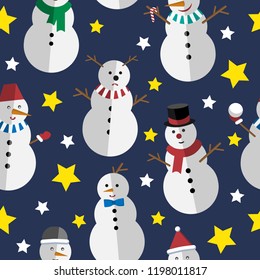 Bright seamless pattern. Vector snowman and stars.