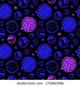 Bright seamless pattern for volleyball. Background with balls and stars. Space wallpaper. Print for t-shirts, cards.