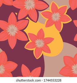Bright seamless pattern in warm colors and shades. Pink petunia flowers on an abstract geometric background. Baby print for fabric, wallpaper or wrapping paper. Background or textile. EPS 10 vector
